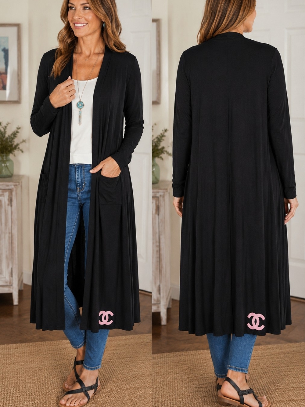 Women's Longline Black Jersey Knit Open Front Cardigan 48" Duster Size M Chanel